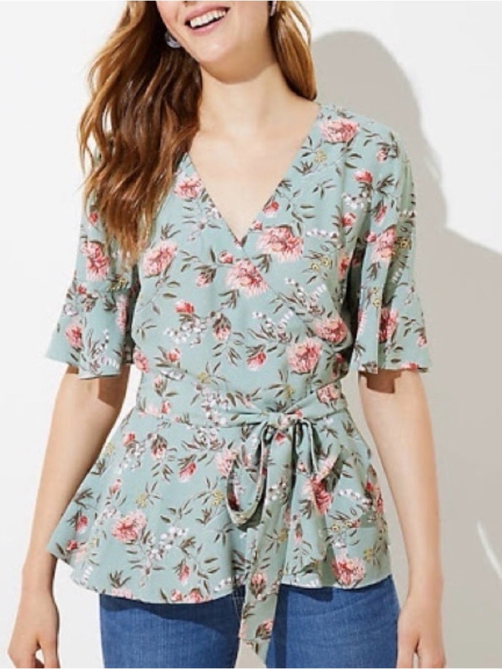 Loft Floral Wrap Peplum Top in Sage Green